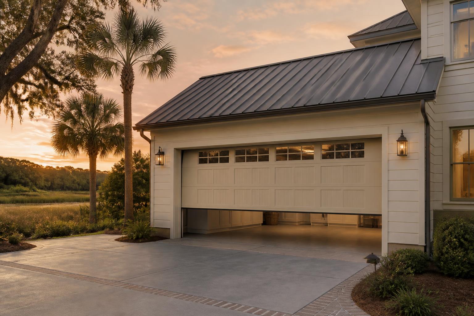 Coastal Lowcountry home in Mount Pleasant, SC with a newly serviced carriage-style garage door at golden hour
